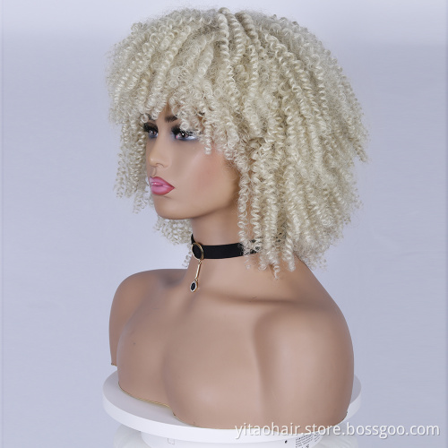 Wholesale Light Blonde Curly Wigs for Women Afro Curly Wigs with Bangs 14 Inch Afro Kinky Loose Curly Wave Synthetic Hair Wigs